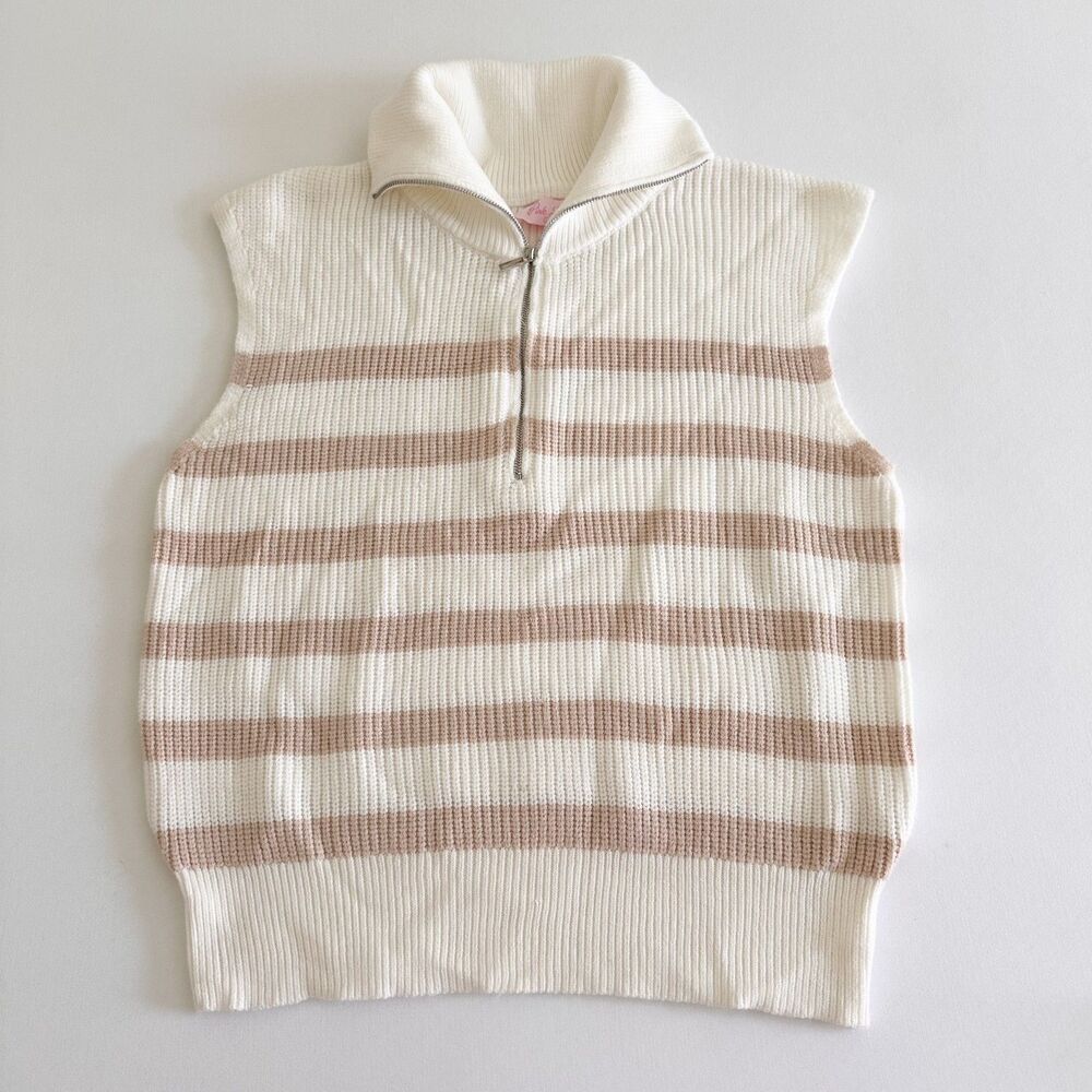 Pink Lily Knit Sweater Vest Quarter Zip Striped Cream Beige Women’s Size L Cozy
